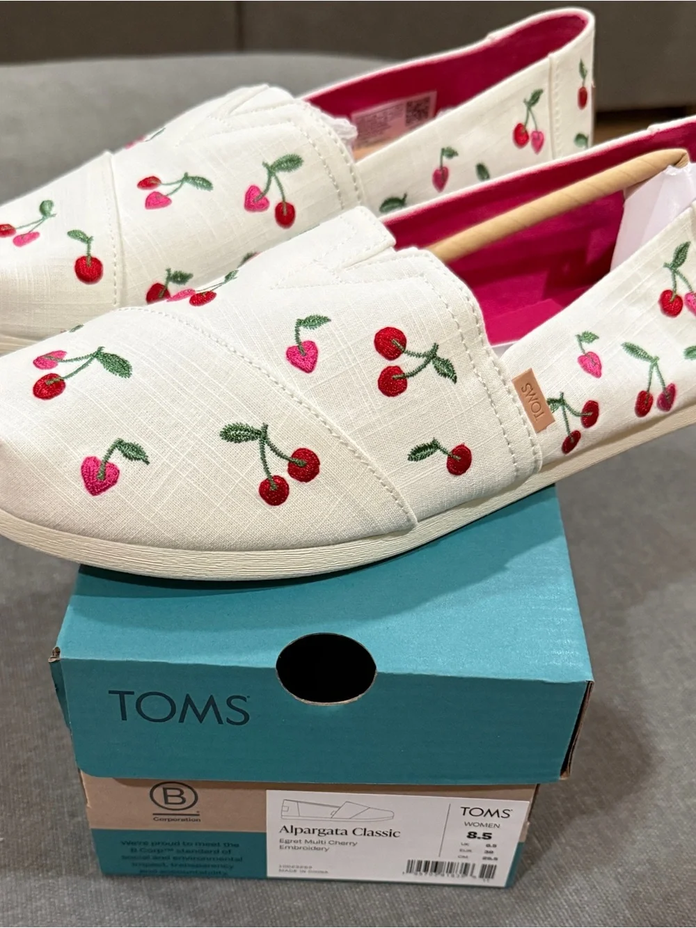 TOMS White Cherry Embroidered Alpargata Slip-On Flats
